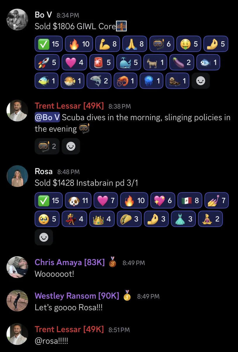 Team Slack channel showing agents celebrating sales wins: Bo V sold $1,806, Rosa sold $1,428, with teammates cheering them on