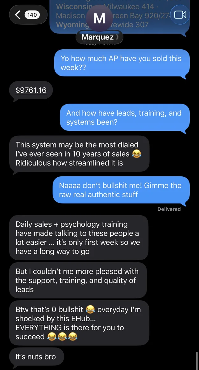 Agent Marquez text message showing $9,761.16 in AP in his first week, praising the system, training, and leads at Evolve Legacy Group
