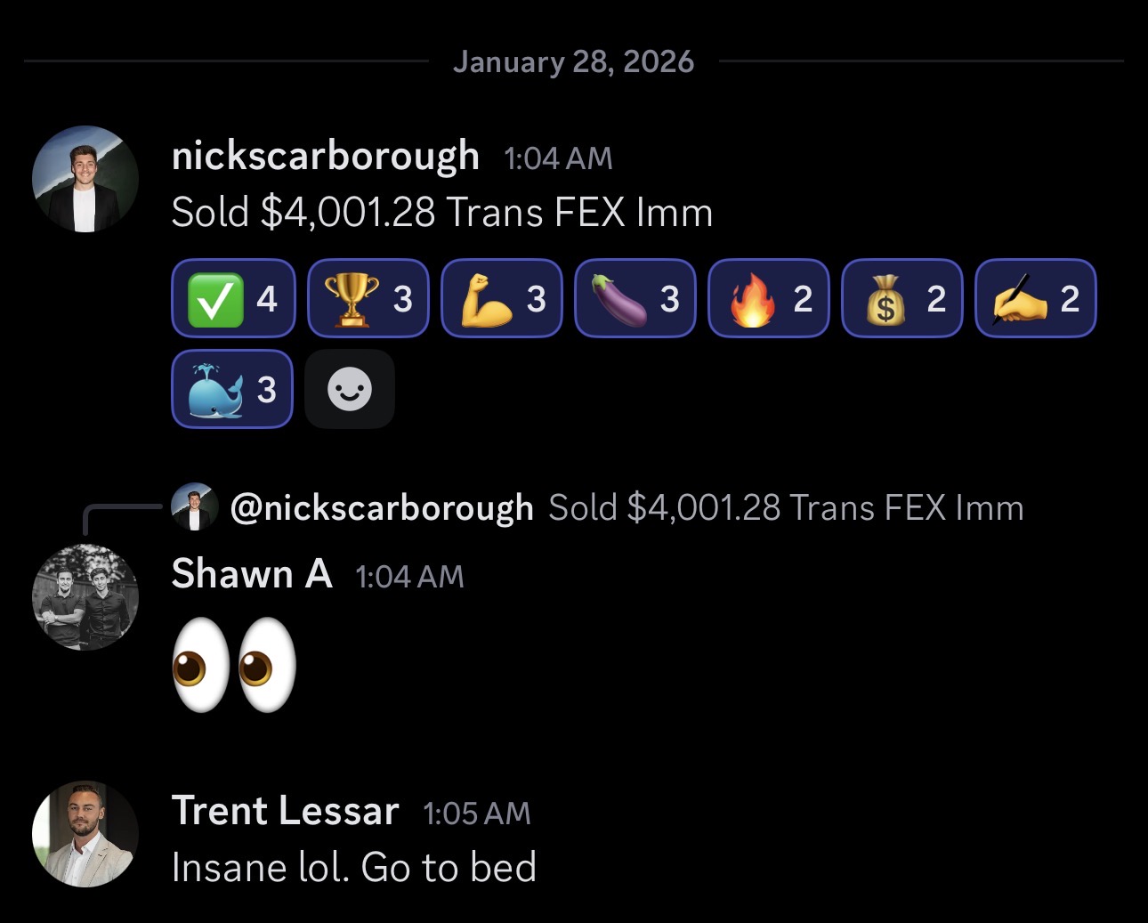Agent nickscarborough closing a $4,001 policy at 1:04 AM