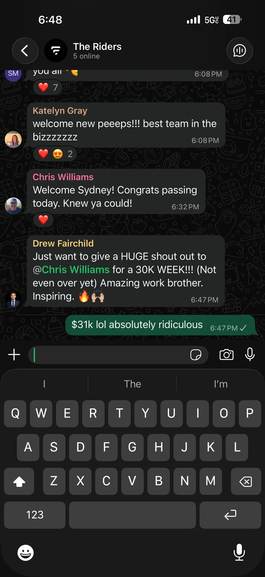 Team group chat celebrating a $30K week and welcoming new team members